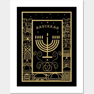 Happy Hanukkah Festival! Jewish Holiday Hanukkah Menorah traditional Chanukah Vintage gold pattern Posters and Art